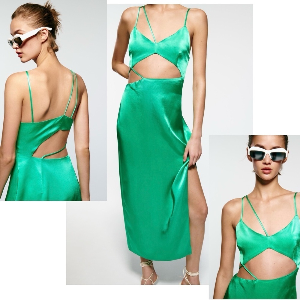 Zara green satin effect asymmetrical cut-out strappy crisscross slit midi dress - Picture 2 of 12